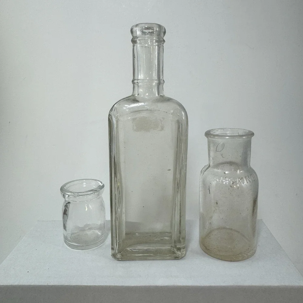 Lot of 3 Vintage Glass Apothecary Bottles Clear Ammonol Embossed Decorative Set
